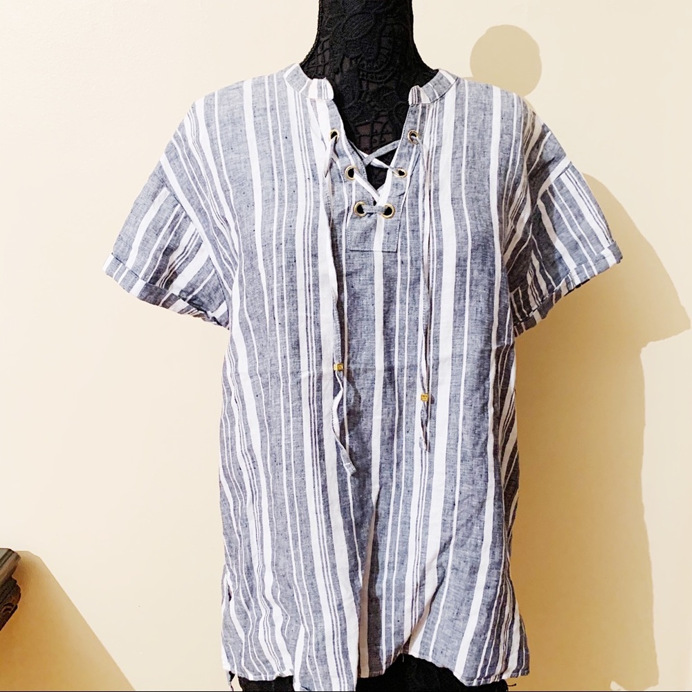 Ellen Tracy • Linen Jean and White Stripe Top (L)